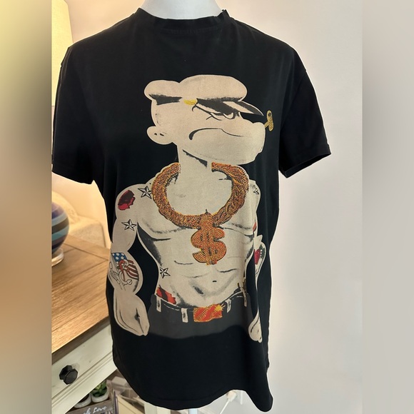 Unisex Heads Or Tails Gangster Popeye Ink & Chain Rhinestone T-Shirt - Size S - Picture 1 of 5